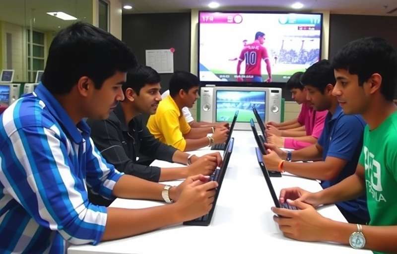 Young Indian gamers playing FIFA 13 together in a cyber cafe